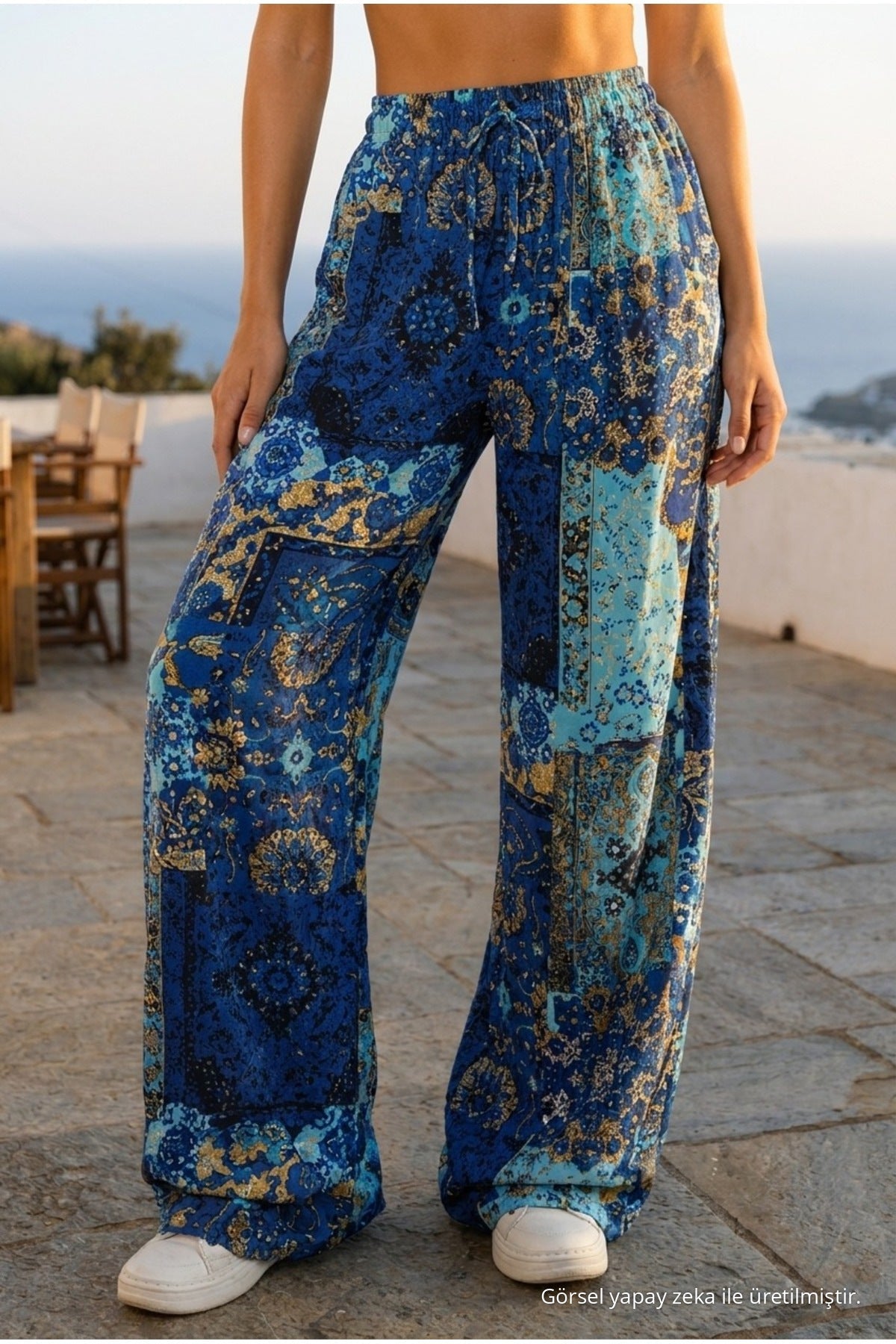 Women's Ethnic Patterned Summer Fabric Pants with Elastic Waistband, Blue - MALLTURK