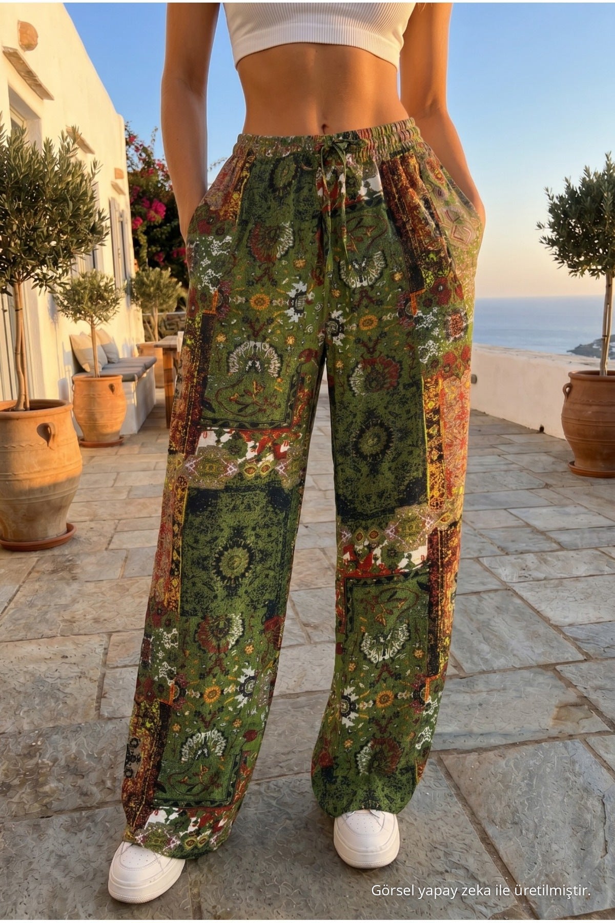Women's Ethnic Patterned Summer Fabric Pants with Elastic Waistband, Khaki - MALLTURK