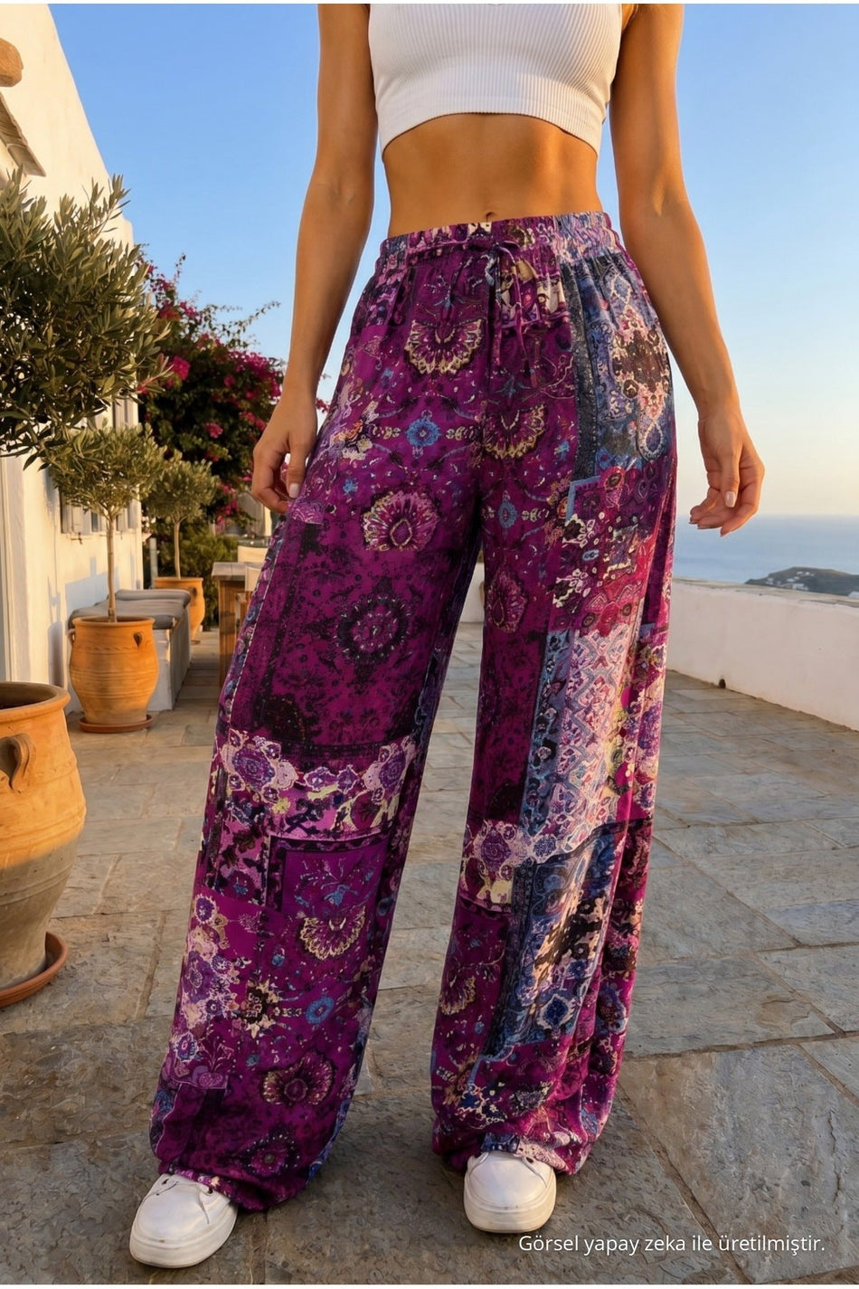 Women's Ethnic Patterned Summer Fabric Pants with Elastic Waistband, Purple - MALLTURK
