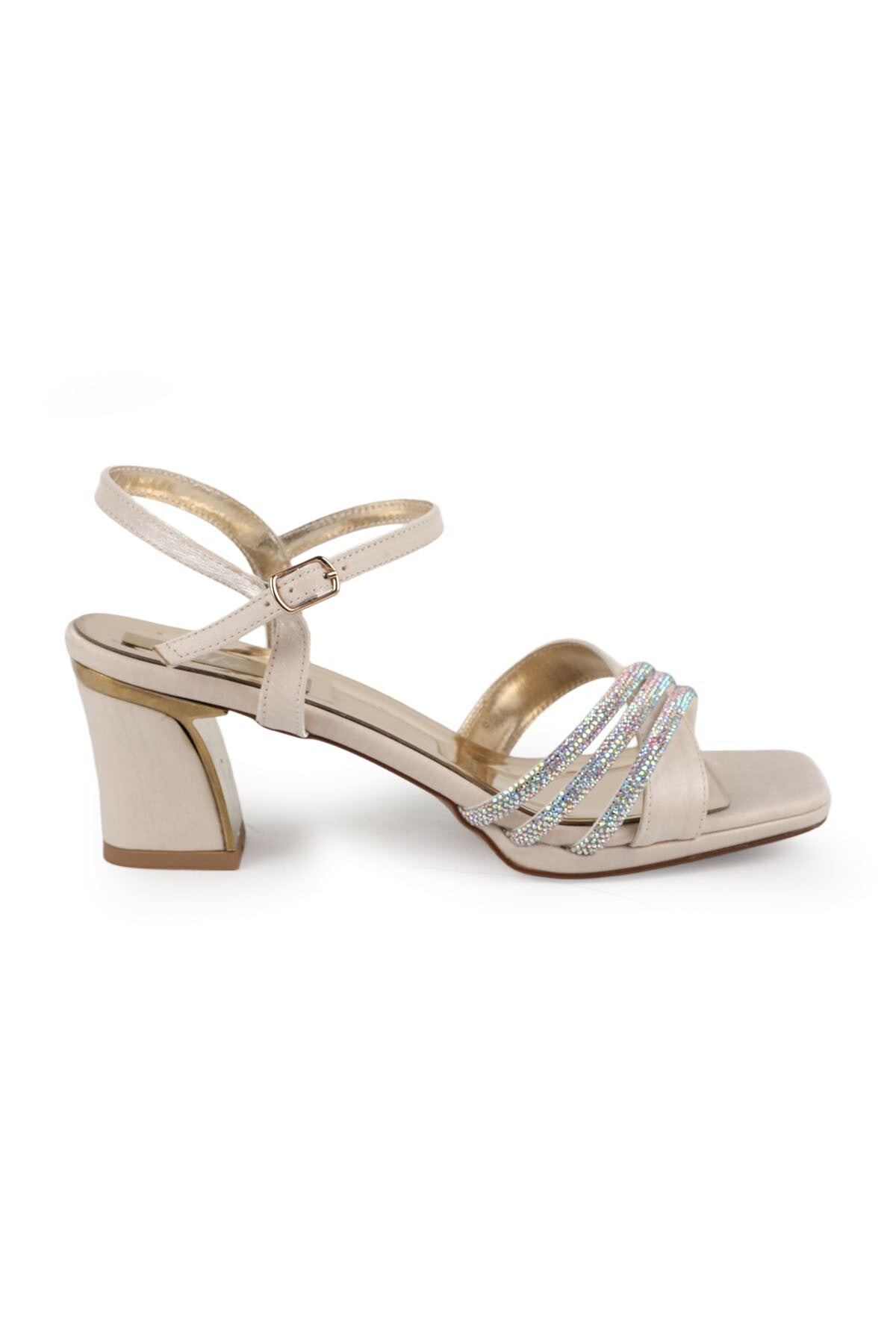 Women's Evening Dress Shoes Square Toe Medium Heel Stoned Banded Satin L085.K904 - MALLTURK