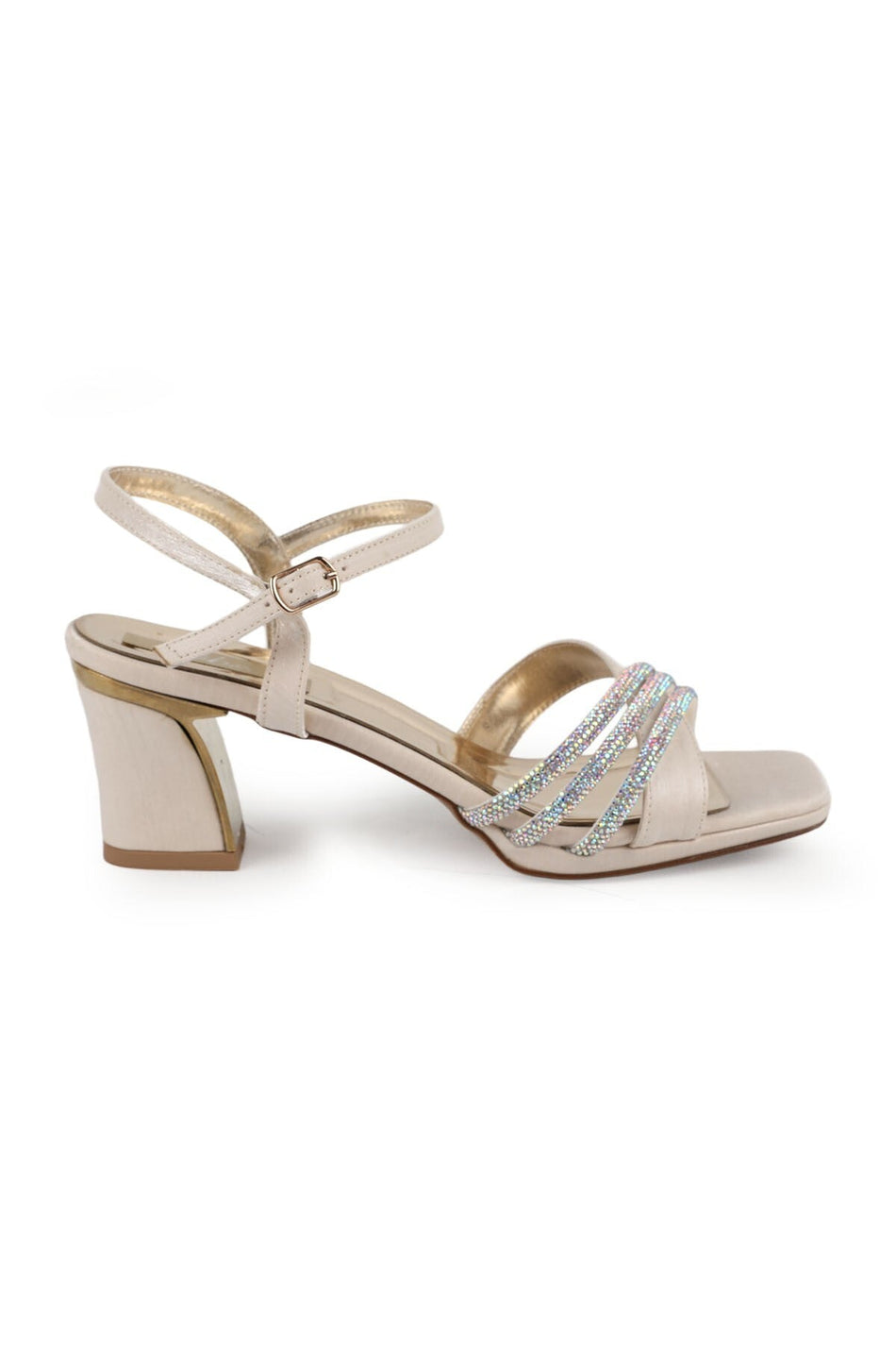 Women's Evening Dress Shoes Square Toe Medium Heel Stoned Banded Satin L085.K904 - MALLTURK