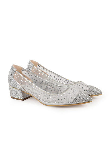 Women's Evening Dress Shoes with Stone Mesh and Pointed Toe, Short Heeled L047.5335 - MALLTURK
