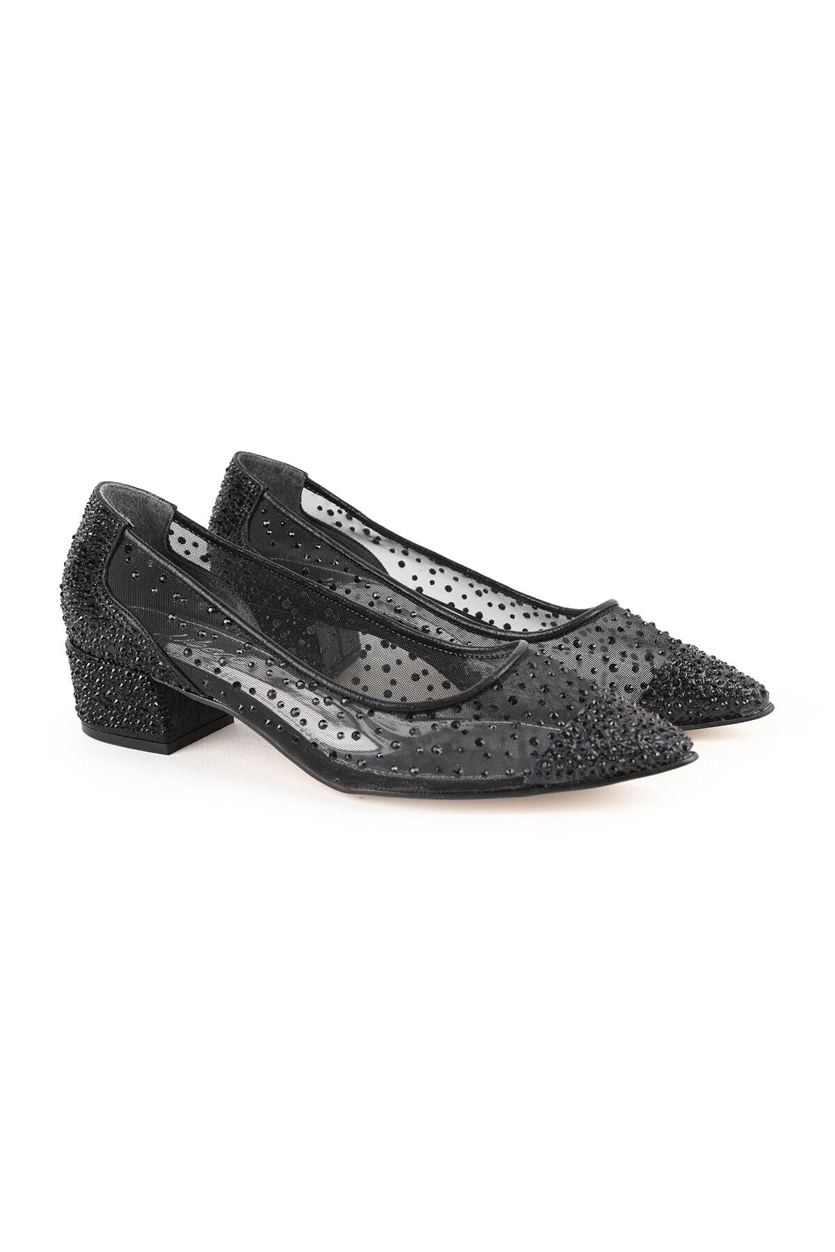 Women's Evening Dress Shoes with Stone Mesh and Pointed Toe, Short Heeled L047.5335 - MALLTURK