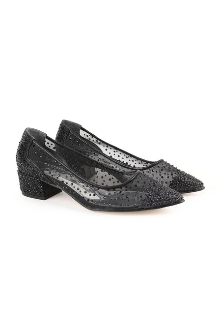 Women's Evening Dress Shoes with Stone Mesh and Pointed Toe, Short Heeled L047.5335 - MALLTURK