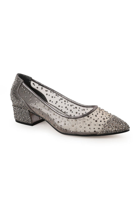 Women's Evening Dress Shoes with Stone Mesh and Pointed Toe, Short Heeled L047.5335 - MALLTURK