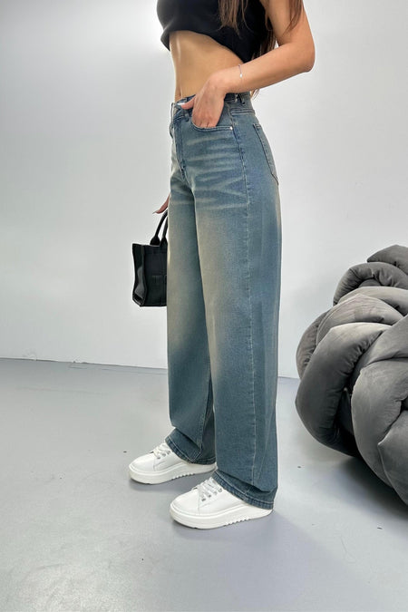 Women's Faded Effect Loose Fit Wide Leg Comfortable Baggy Jean Pants Blue - MALLTURK
