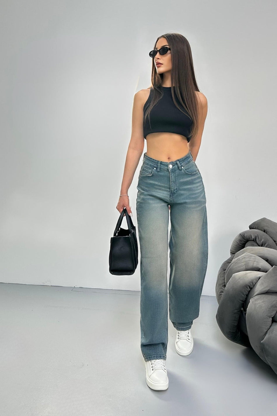 Women's Faded Effect Loose Fit Wide Leg Comfortable Baggy Jean Pants Blue - MALLTURK