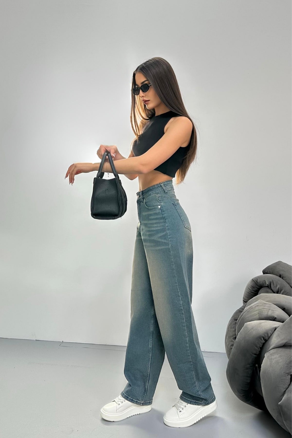 Women's Faded Effect Loose Fit Wide Leg Comfortable Baggy Jean Pants Blue - MALLTURK