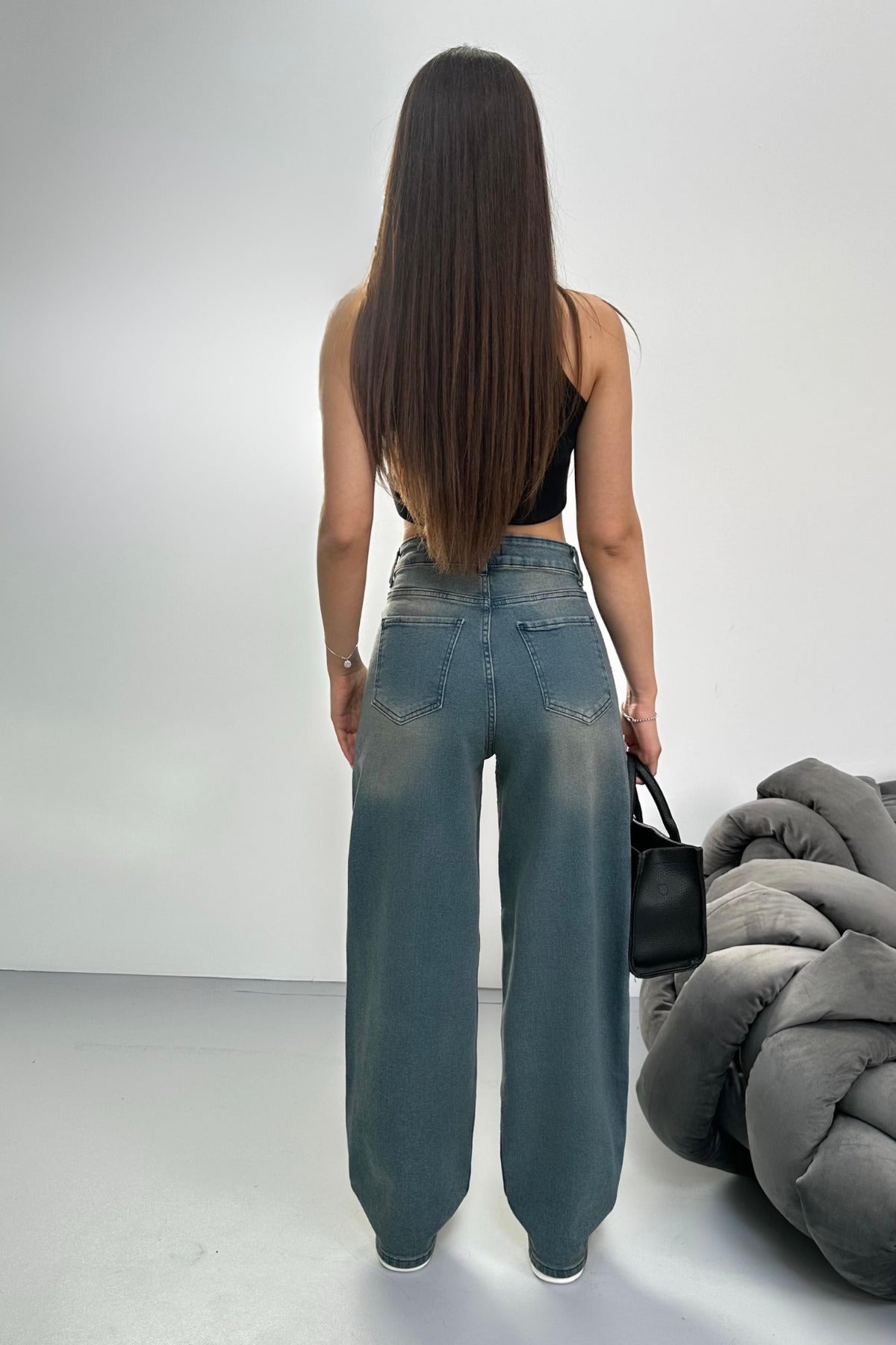 Women's Faded Effect Loose Fit Wide Leg Comfortable Baggy Jean Pants Blue - MALLTURK