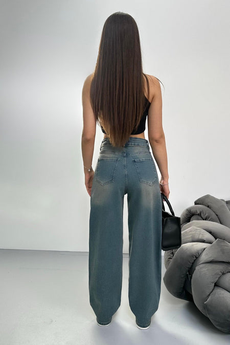 Women's Faded Effect Loose Fit Wide Leg Comfortable Baggy Jean Pants Blue - MALLTURK