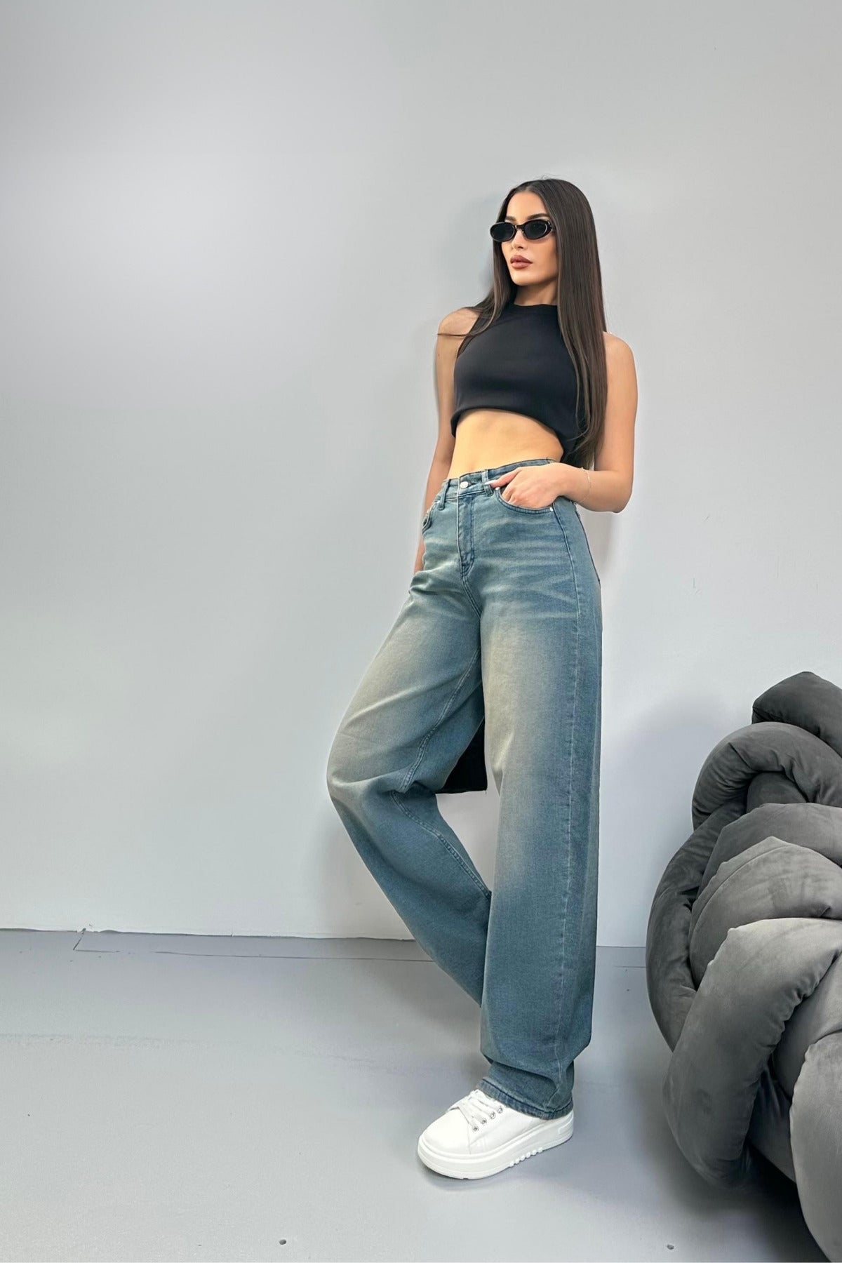 Women's Faded Effect Loose Fit Wide Leg Comfortable Baggy Jean Pants Blue - MALLTURK