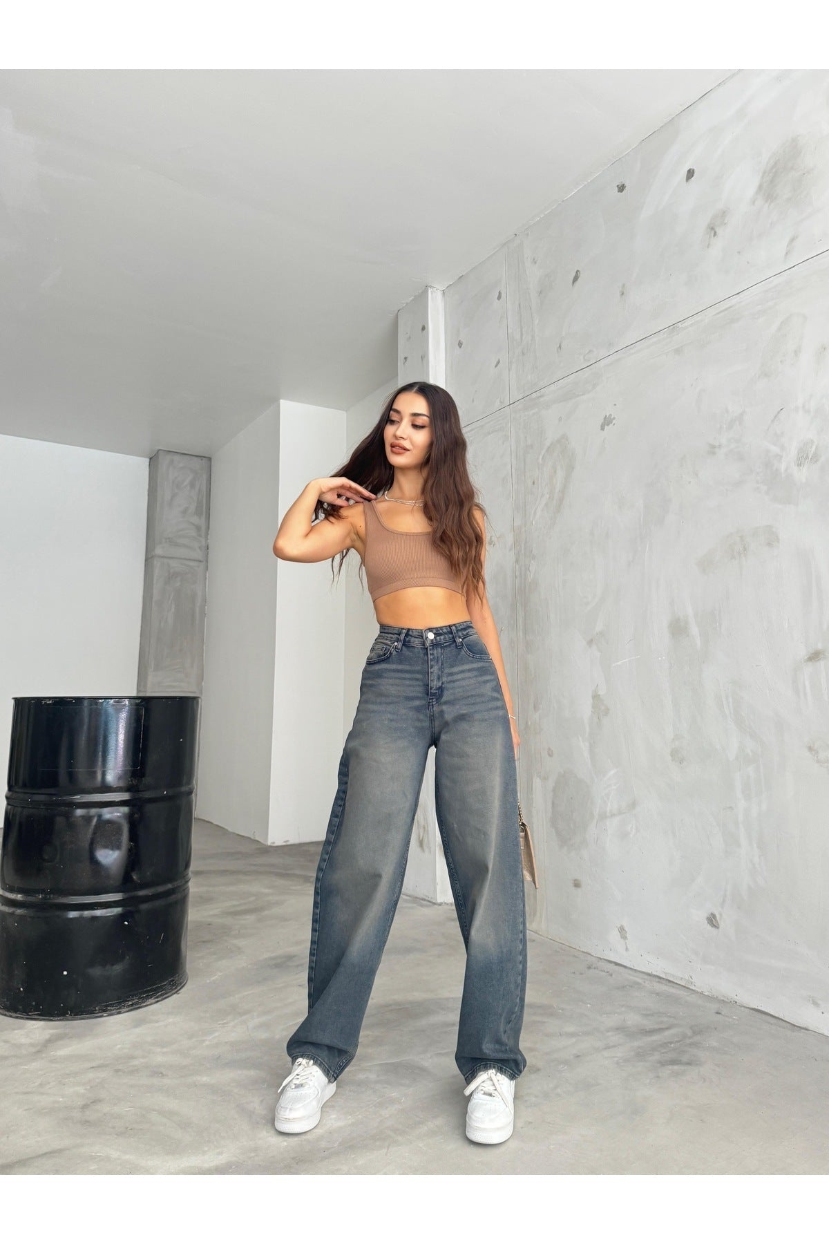 Women's Faded Effect Loose Fit Wide Leg Comfortable Baggy Jean Pants Grey - MALLTURK