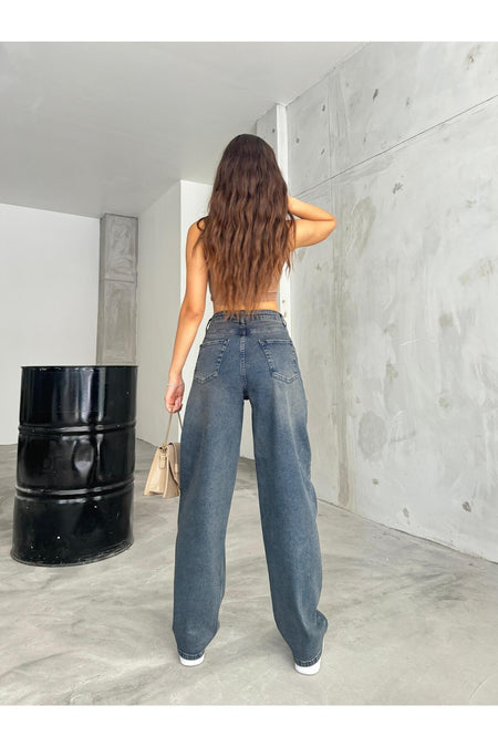 Women's Faded Effect Loose Fit Wide Leg Comfortable Baggy Jean Pants Grey - MALLTURK