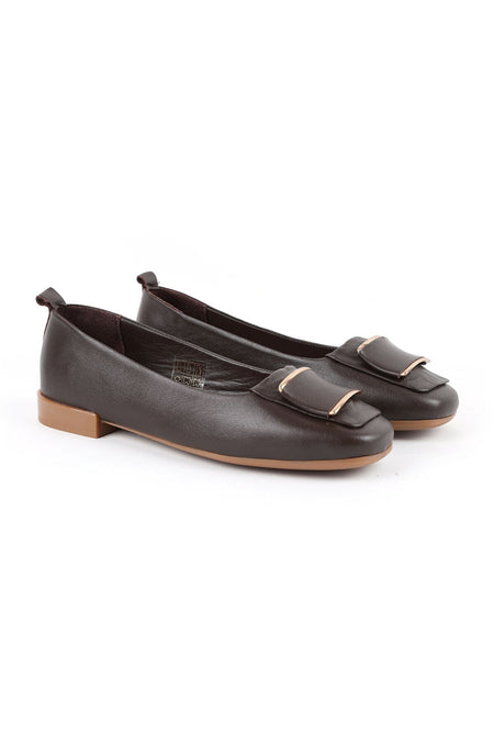 Women's Flat Shoes with Big Buckle Detail, Blunt Toe, Antique Look, Stylish, Daily Classic, Thermo Sole L081.25509 - MALLTURK