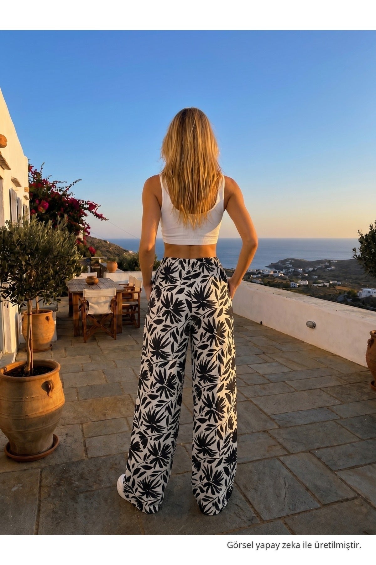 Women's Floral Pattern High Waist Summer Fabric Pants with Elastic Waistband, Black - MALLTURK