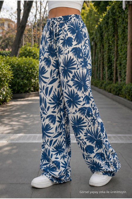 Women's Floral Pattern High Waist Summer Fabric Pants with Elastic Waistband BLUE - MALLTURK