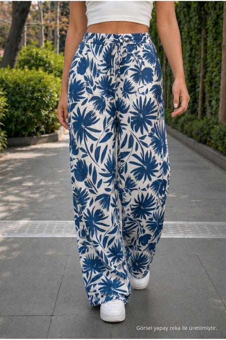 Women's Floral Pattern High Waist Summer Fabric Pants with Elastic Waistband BLUE - MALLTURK