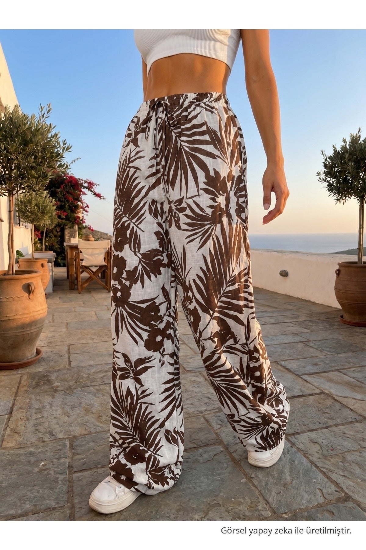 Women's Floral Pattern High Waist Summer Fabric Pants with Elastic Waistband Light Brown - MALLTURK