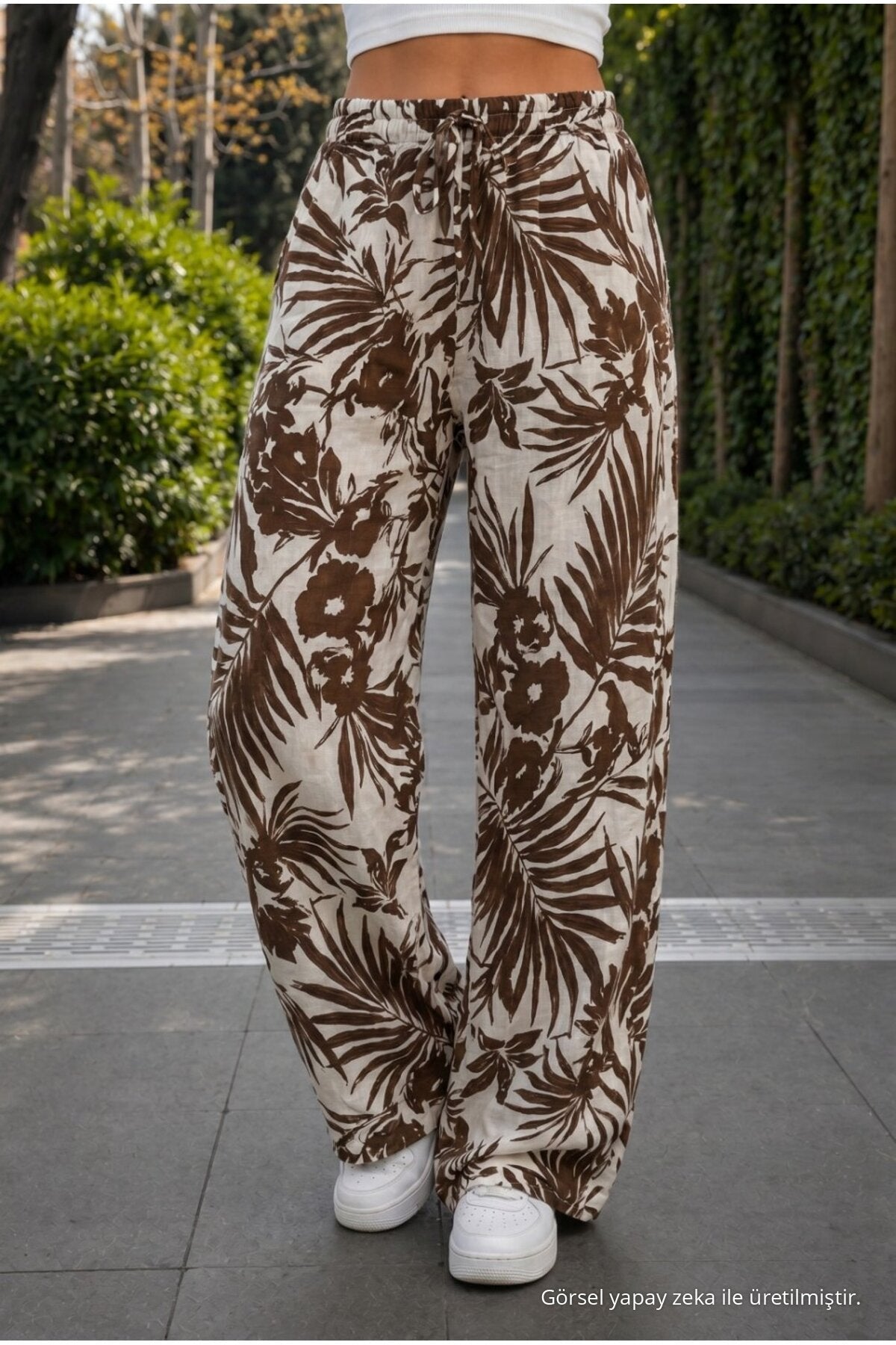 Women's Floral Pattern High Waist Summer Fabric Pants with Elastic Waistband, Light Brown - MALLTURK