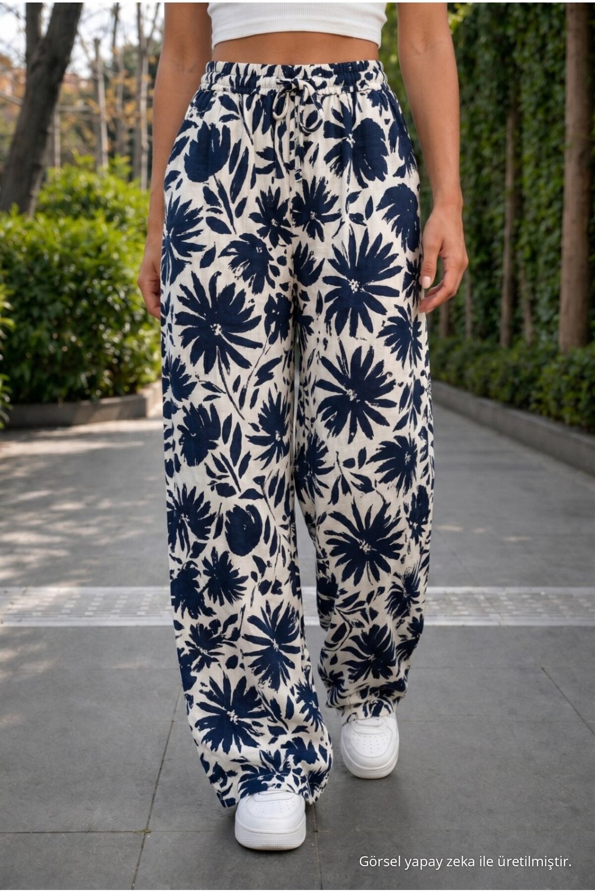 Women's Floral Pattern High Waist Summer Fabric Pants with Elastic Waistband NAVY BLUE - MALLTURK