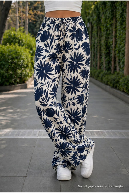 Women's Floral Pattern High Waist Summer Fabric Pants with Elastic Waistband NAVY BLUE - MALLTURK