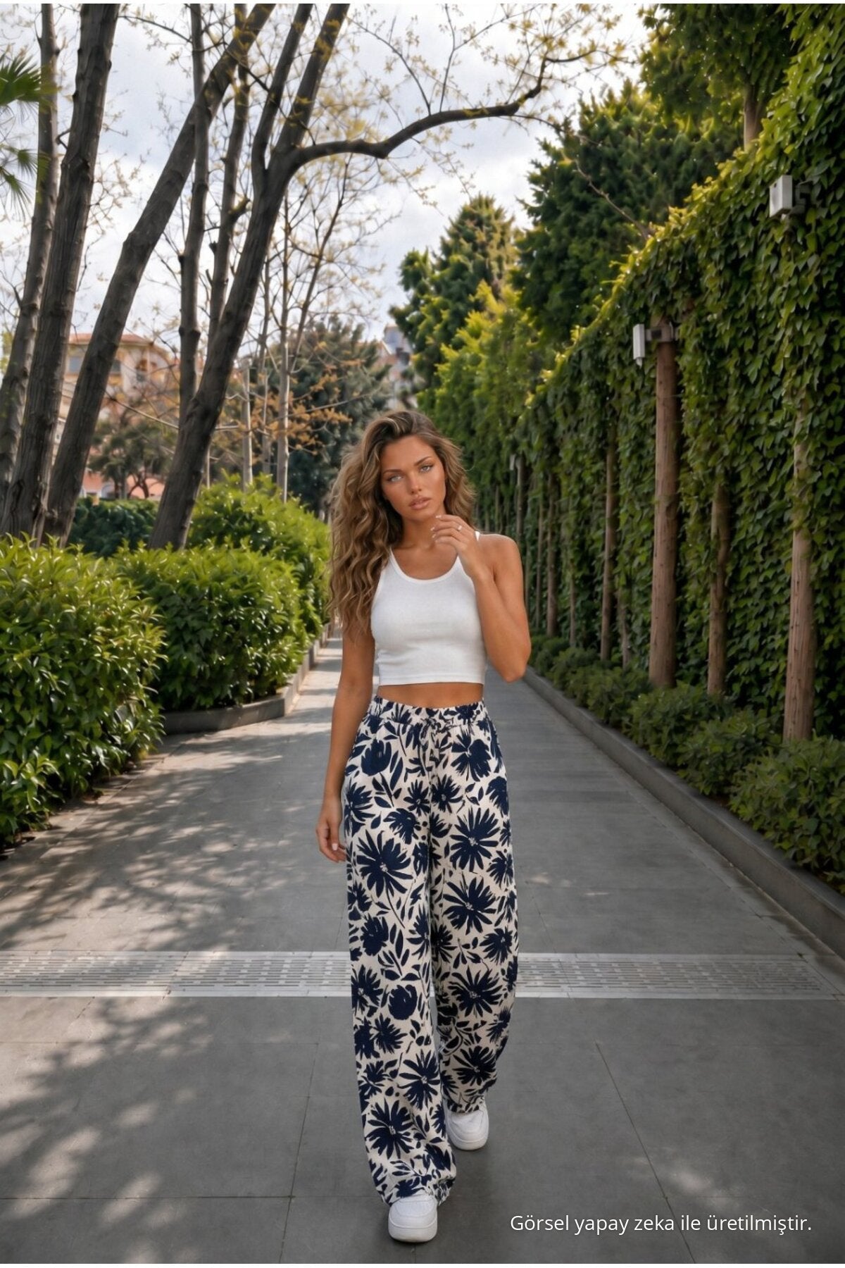Women's Floral Pattern High Waist Summer Fabric Pants with Elastic Waistband NAVY BLUE - MALLTURK