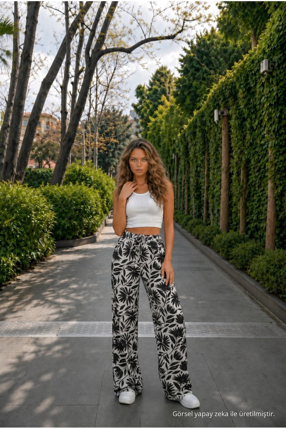 Women's Floral Pattern High Waist Summer Fabric Trousers with Elastic Waistband BLACK - MALLTURK