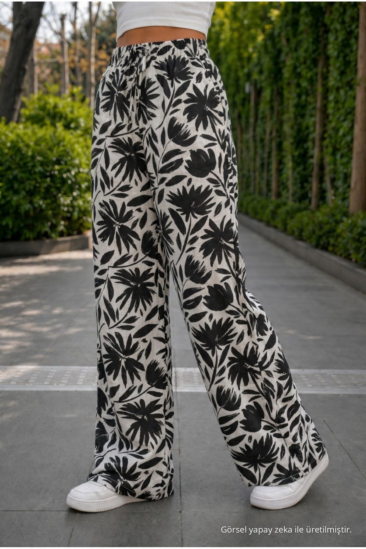 Women's Floral Pattern High Waist Summer Fabric Trousers with Elastic Waistband BLACK - MALLTURK