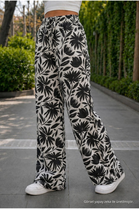 Women's Floral Pattern High Waist Summer Fabric Trousers with Elastic Waistband BLACK - MALLTURK