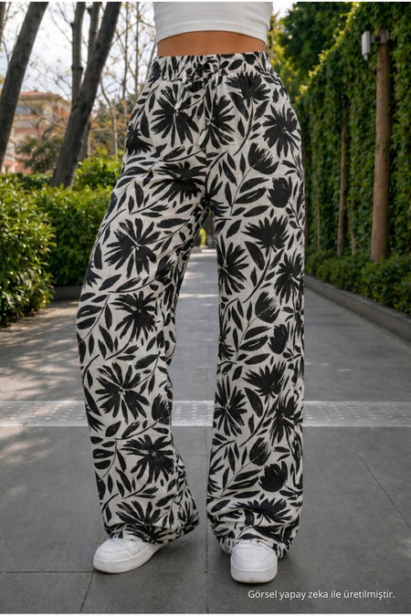 Women's Floral Pattern High Waist Summer Fabric Trousers with Elastic Waistband BLACK - MALLTURK