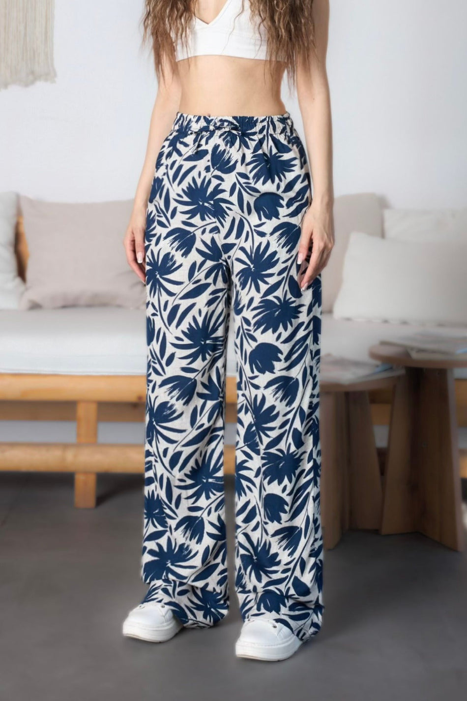 Women's Floral Pattern High Waist Viscose Fabric Elastic Waist Trousers Blue - MALLTURK