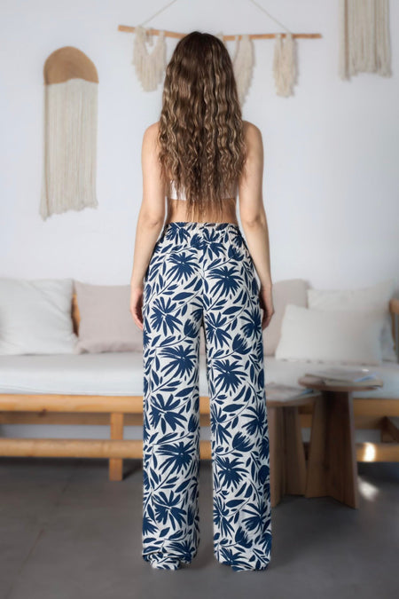 Women's Floral Pattern High Waist Viscose Fabric Elastic Waist Trousers Blue - MALLTURK