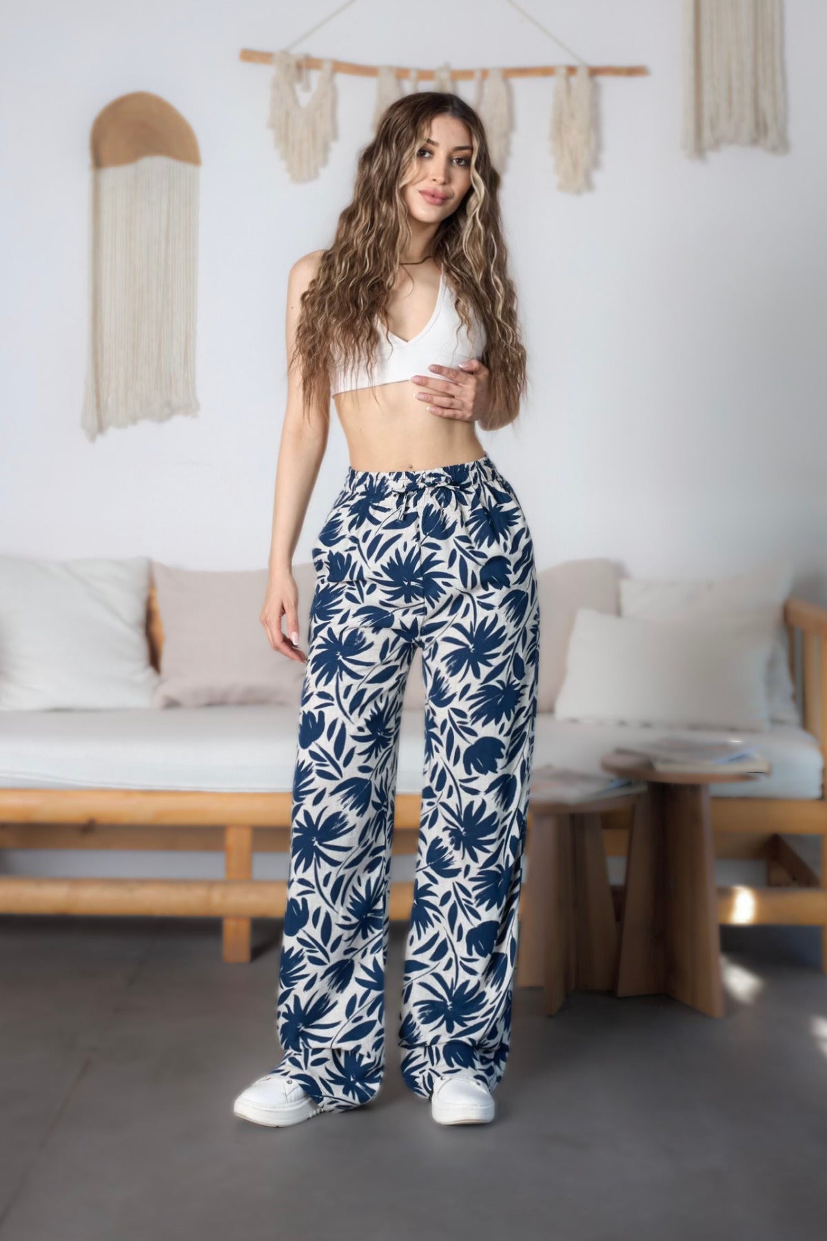 Women's Floral Pattern High Waist Viscose Fabric Elastic Waist Trousers Blue - MALLTURK
