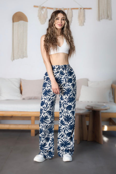 Women's Floral Pattern High Waist Viscose Fabric Elastic Waist Trousers Blue - MALLTURK