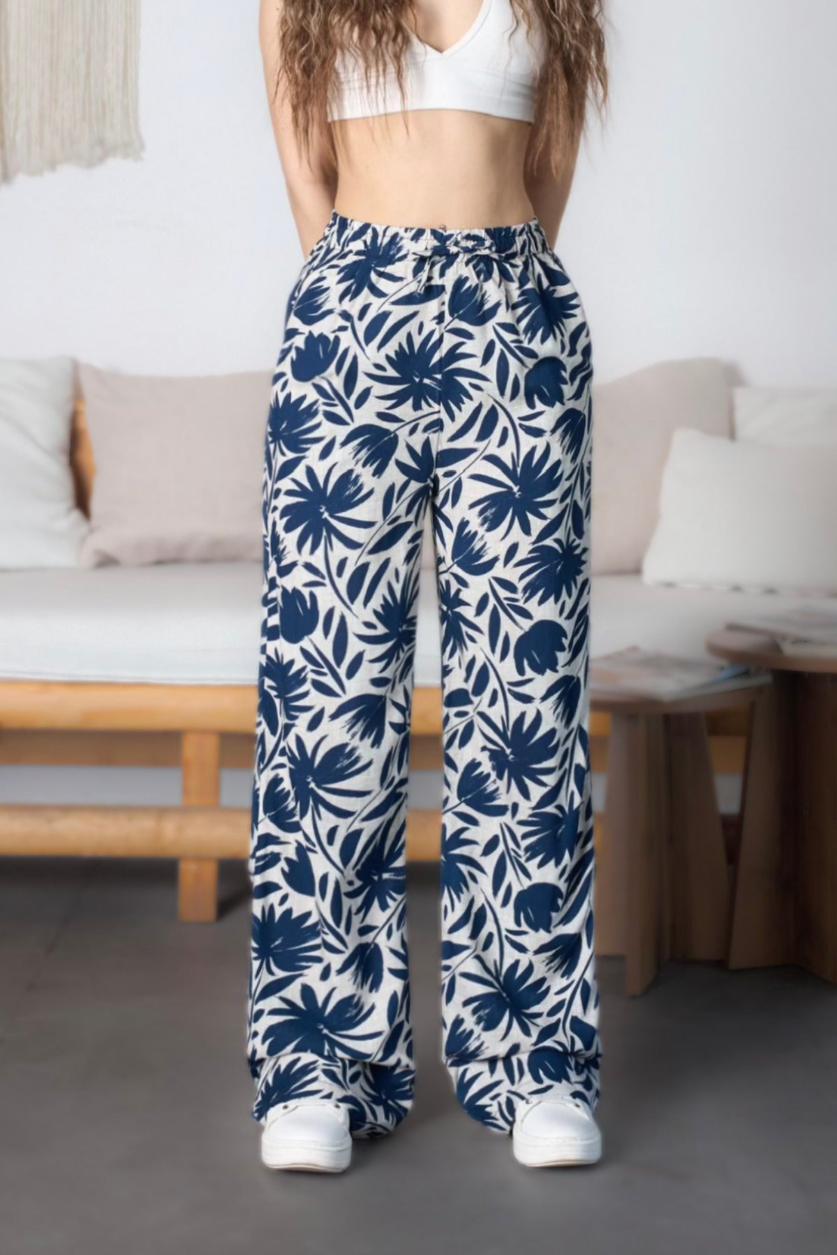 Women's Floral Pattern High Waist Viscose Fabric Elastic Waist Trousers Blue - MALLTURK