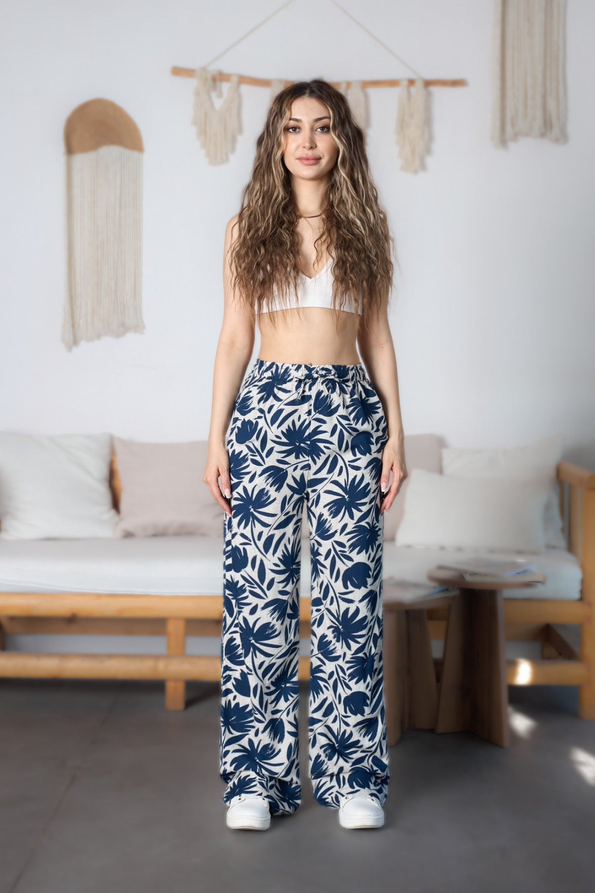 Women's Floral Pattern High Waist Viscose Fabric Elastic Waist Trousers Blue - MALLTURK