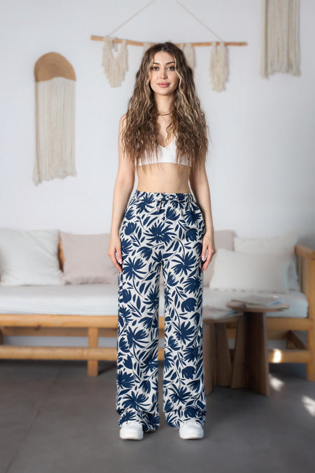 Women's Floral Pattern High Waist Viscose Fabric Elastic Waist Trousers Blue - MALLTURK