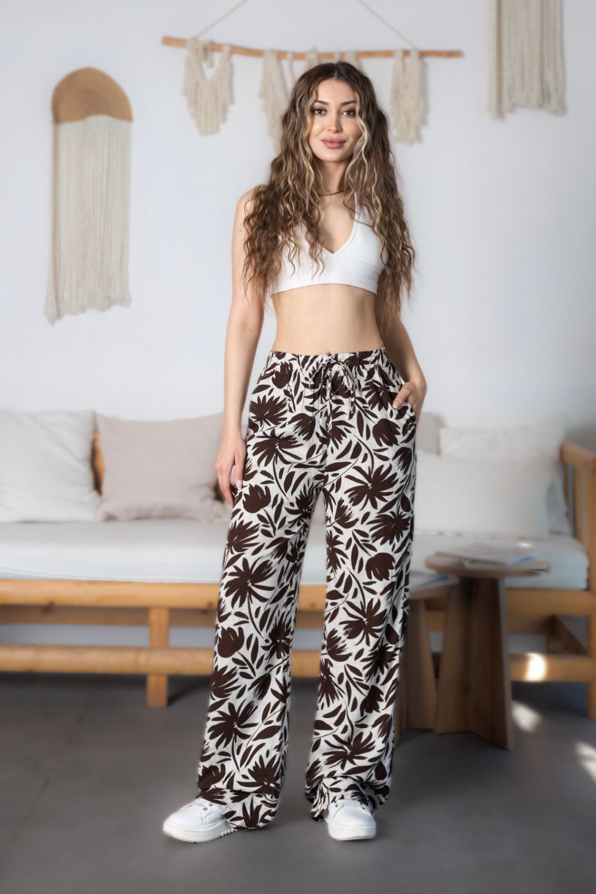 Women's Floral Pattern High Waist Viscose Fabric Elastic Waist Trousers Coffee - MALLTURK