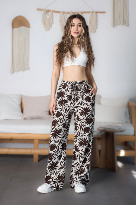 Women's Floral Pattern High Waist Viscose Fabric Elastic Waist Trousers Coffee - MALLTURK