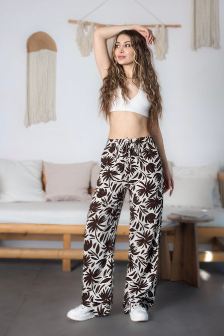 Women's Floral Pattern High Waist Viscose Fabric Elastic Waist Trousers Coffee - MALLTURK