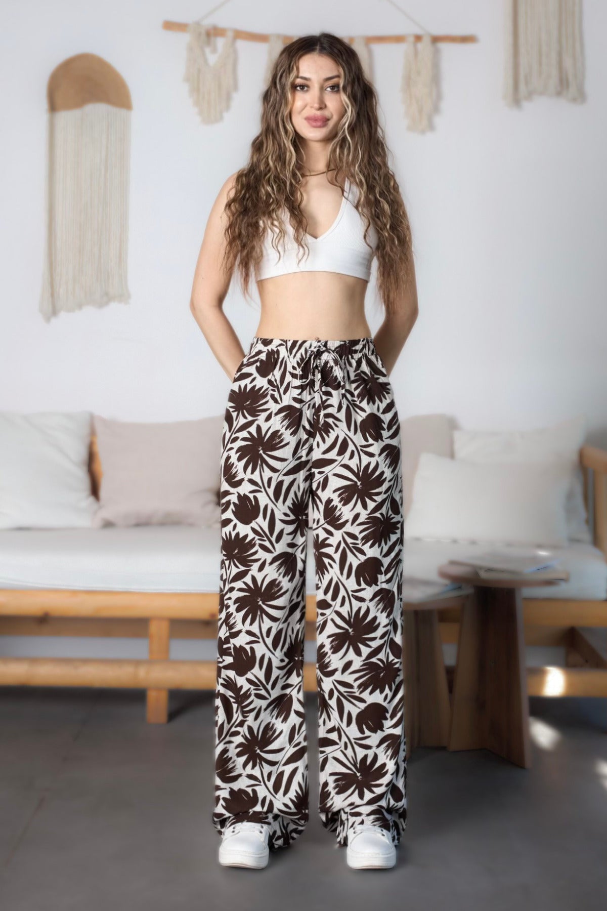 Women's Floral Pattern High Waist Viscose Fabric Elastic Waist Trousers Coffee - MALLTURK