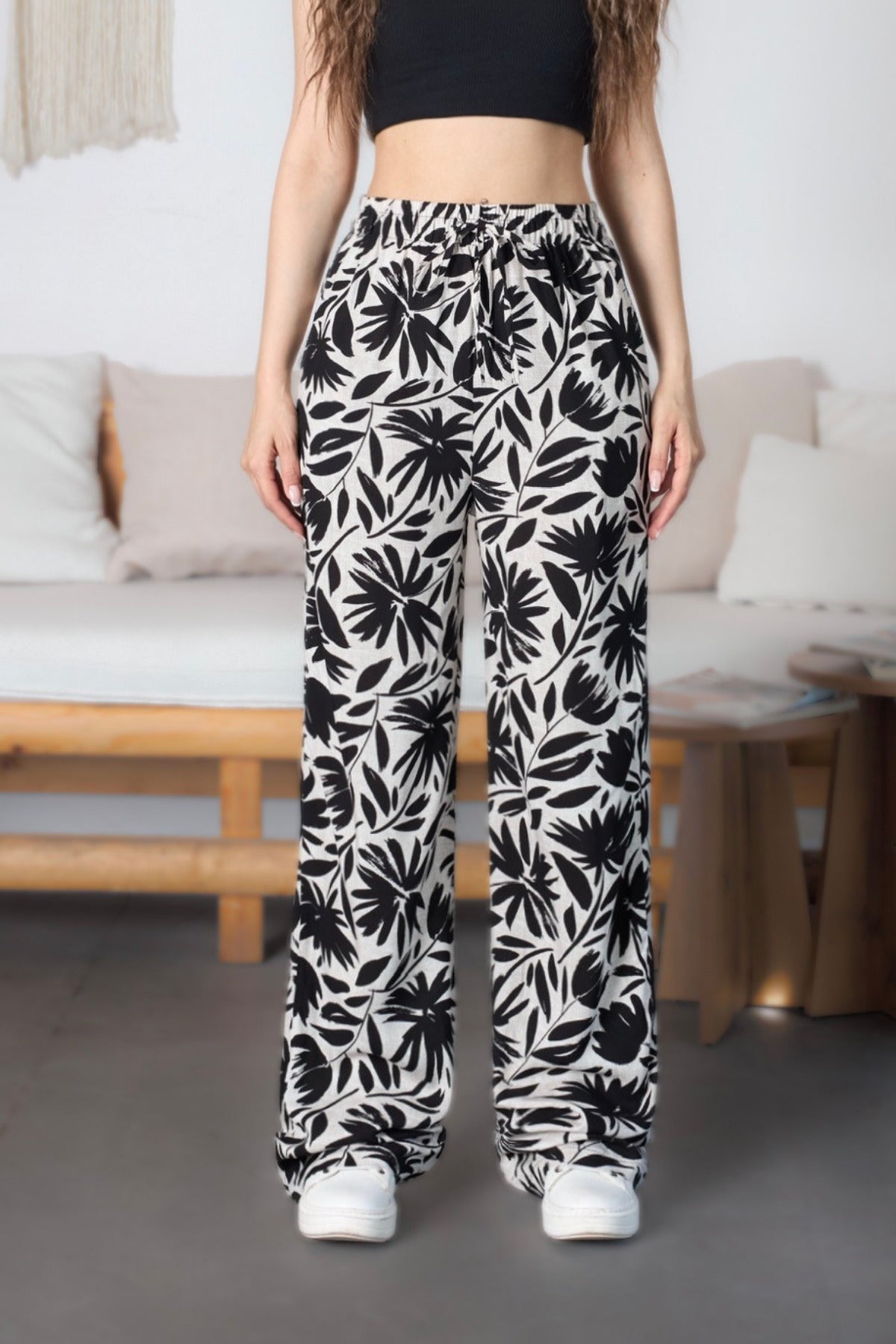 Women's Floral Pattern High Waist Viscose Fabric Pants with Elastic Waistband, Black - MALLTURK