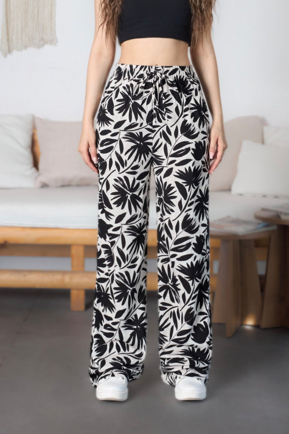 Women's Floral Pattern High Waist Viscose Fabric Pants with Elastic Waistband, Black - MALLTURK