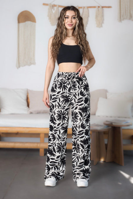 Women's Floral Pattern High Waist Viscose Fabric Pants with Elastic Waistband, Black - MALLTURK