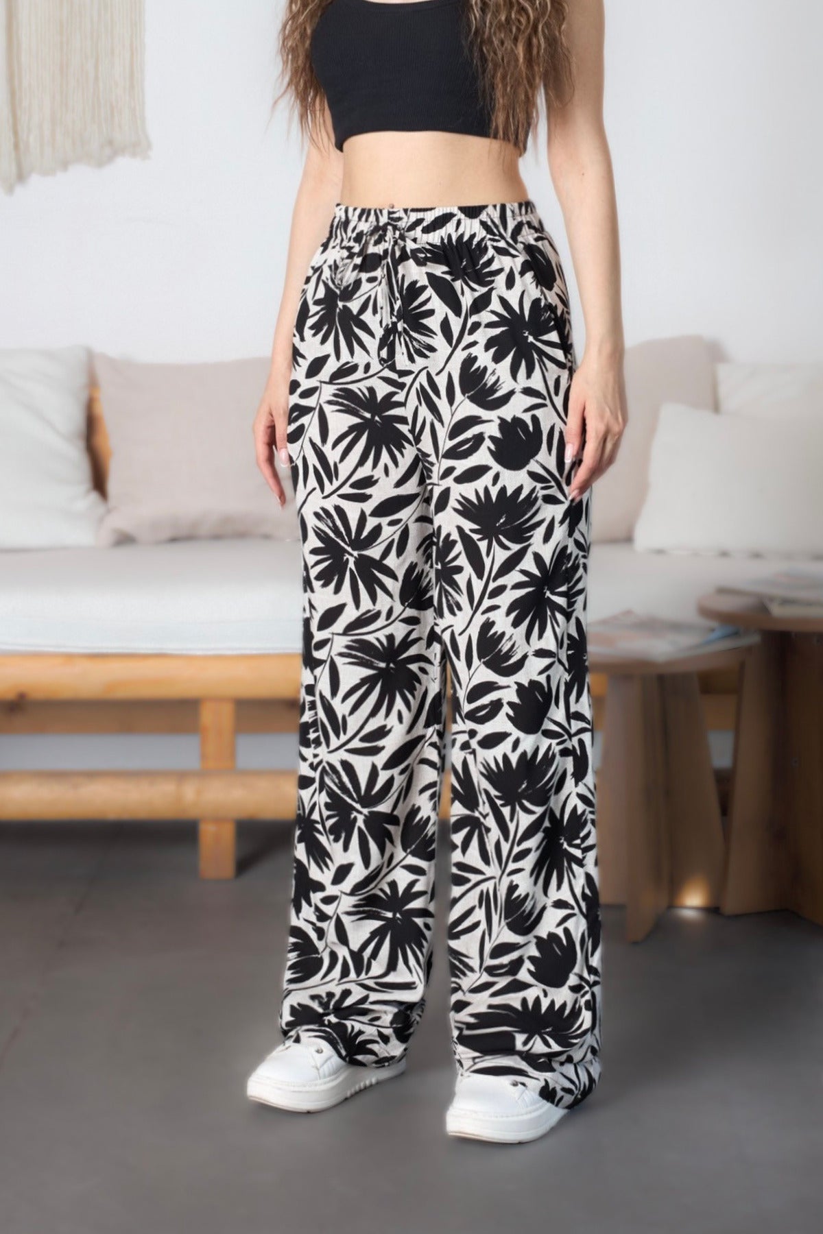 Women's Floral Pattern High Waist Viscose Fabric Pants with Elastic Waistband, Black - MALLTURK
