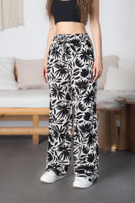 Women's Floral Pattern High Waist Viscose Fabric Pants with Elastic Waistband, Black - MALLTURK