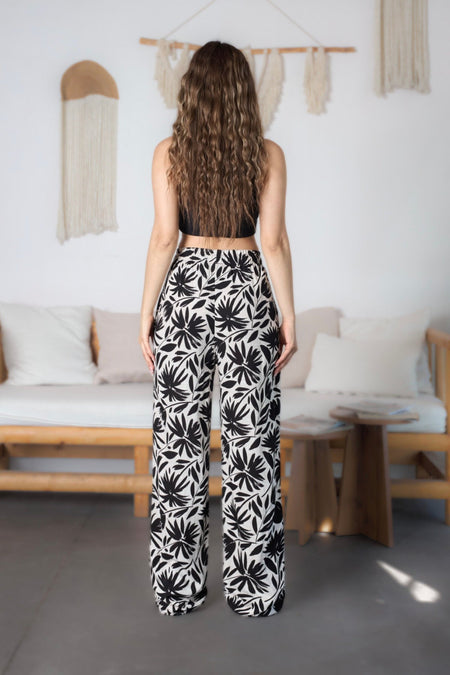 Women's Floral Pattern High Waist Viscose Fabric Pants with Elastic Waistband, Black - MALLTURK
