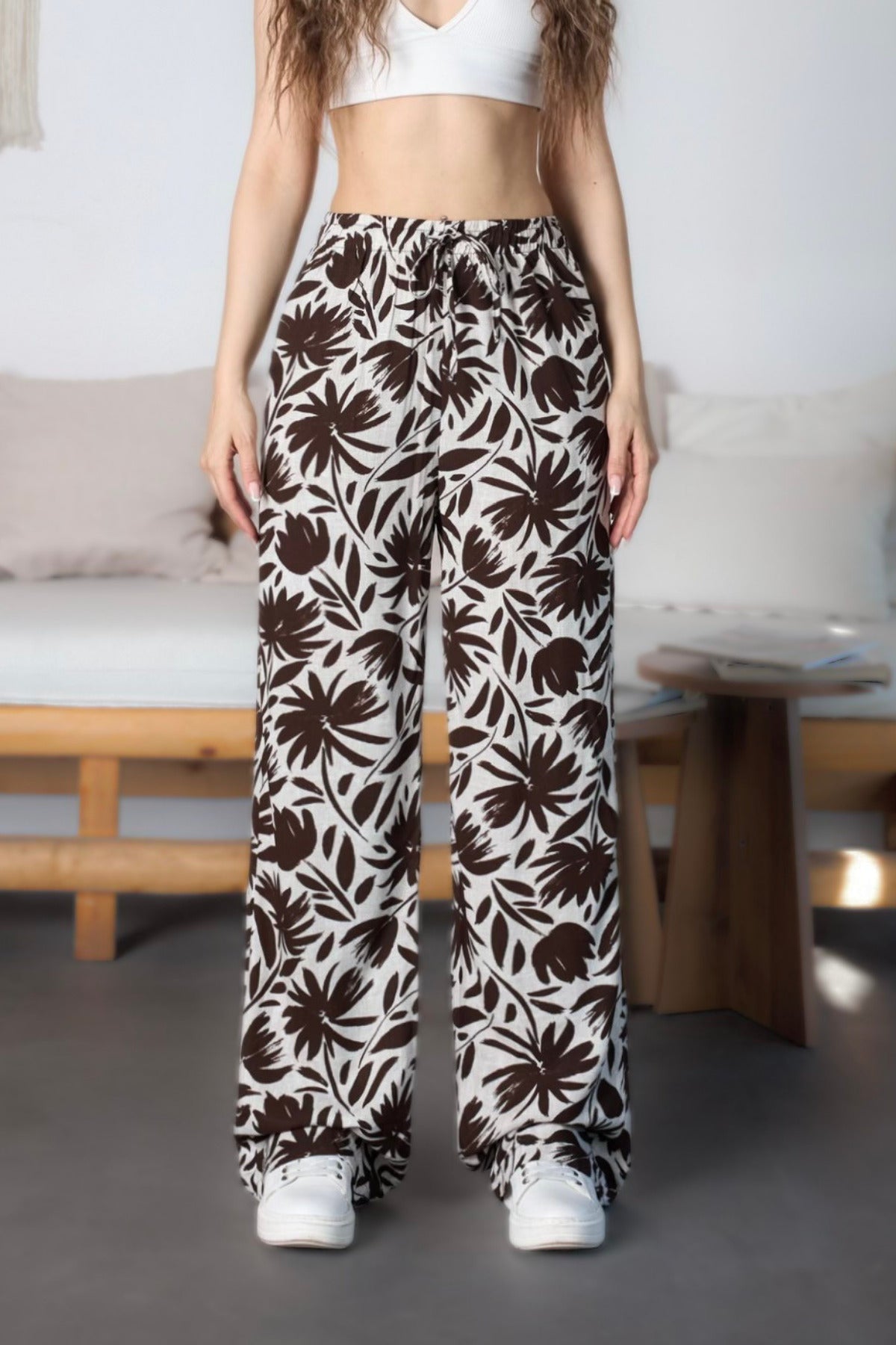 Women's Floral Pattern High Waist Viscose Fabric Pants with Elastic Waistband Brown - MALLTURK