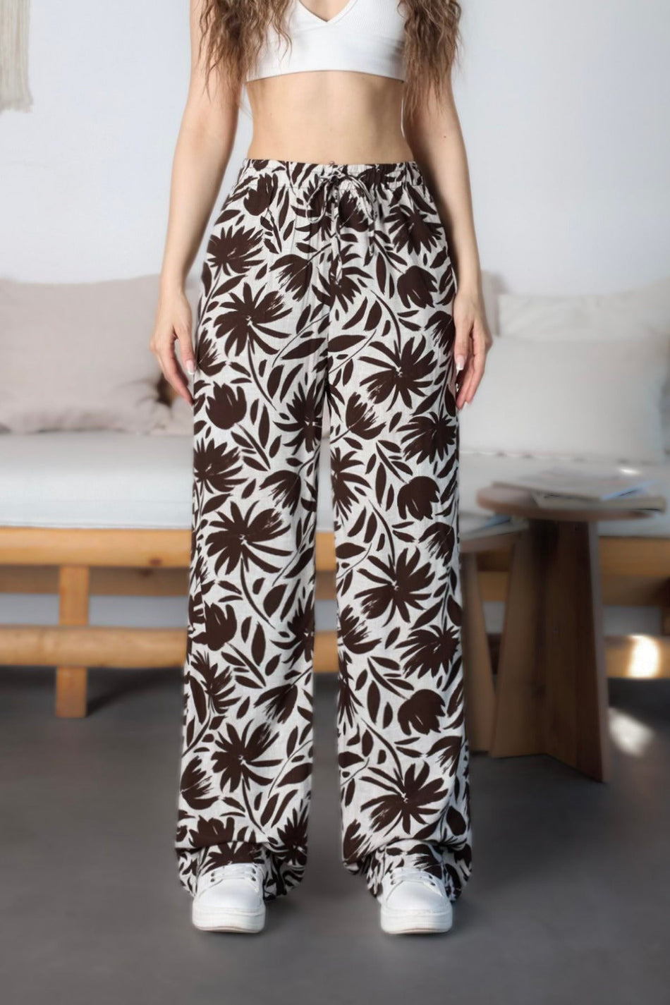 Women's Floral Pattern High Waist Viscose Fabric Pants with Elastic Waistband Brown - MALLTURK