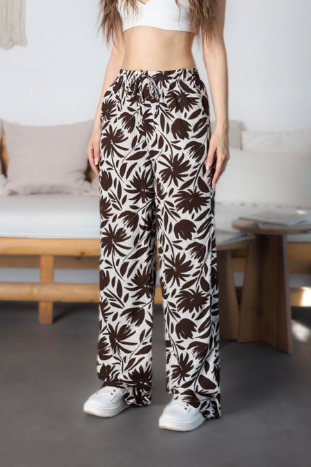 Women's Floral Pattern High Waist Viscose Fabric Pants with Elastic Waistband Brown - MALLTURK